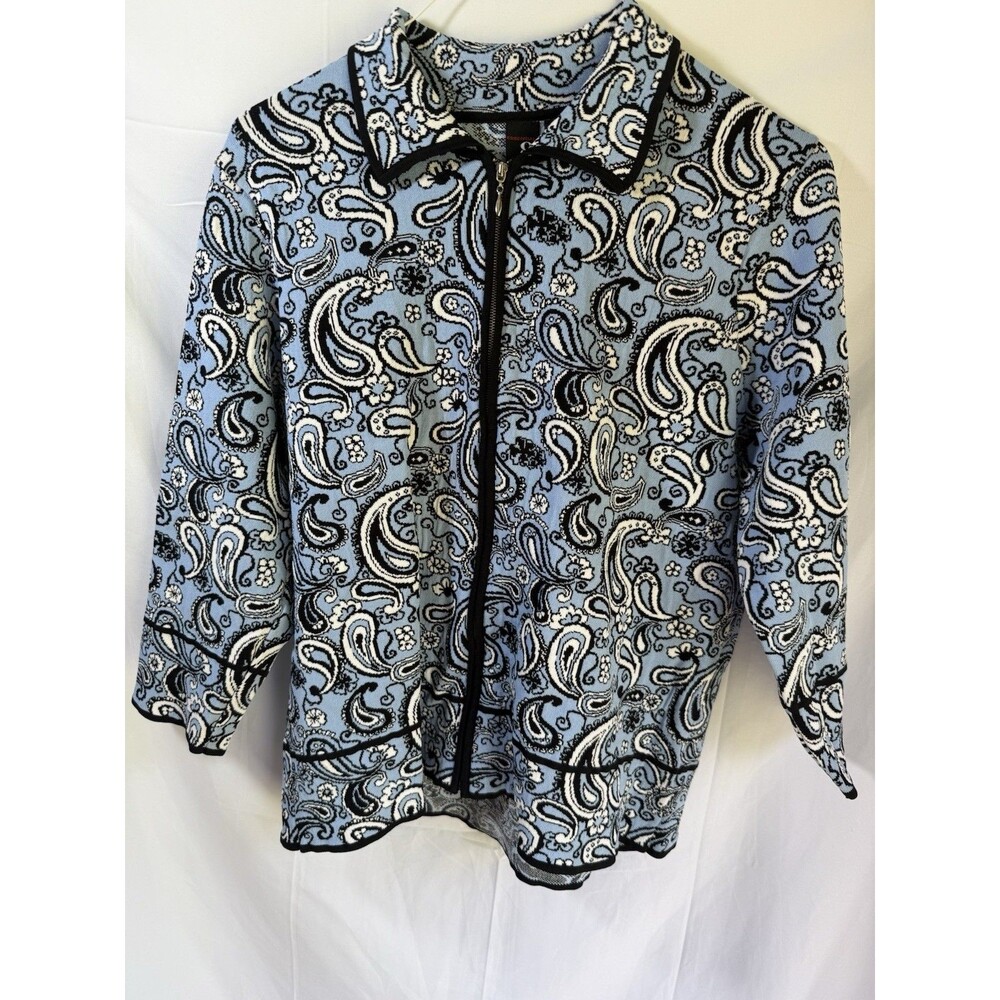 Essential G Santana Fine Knit Zip Front Paisley Print Blue Plus Size Sweater 1X